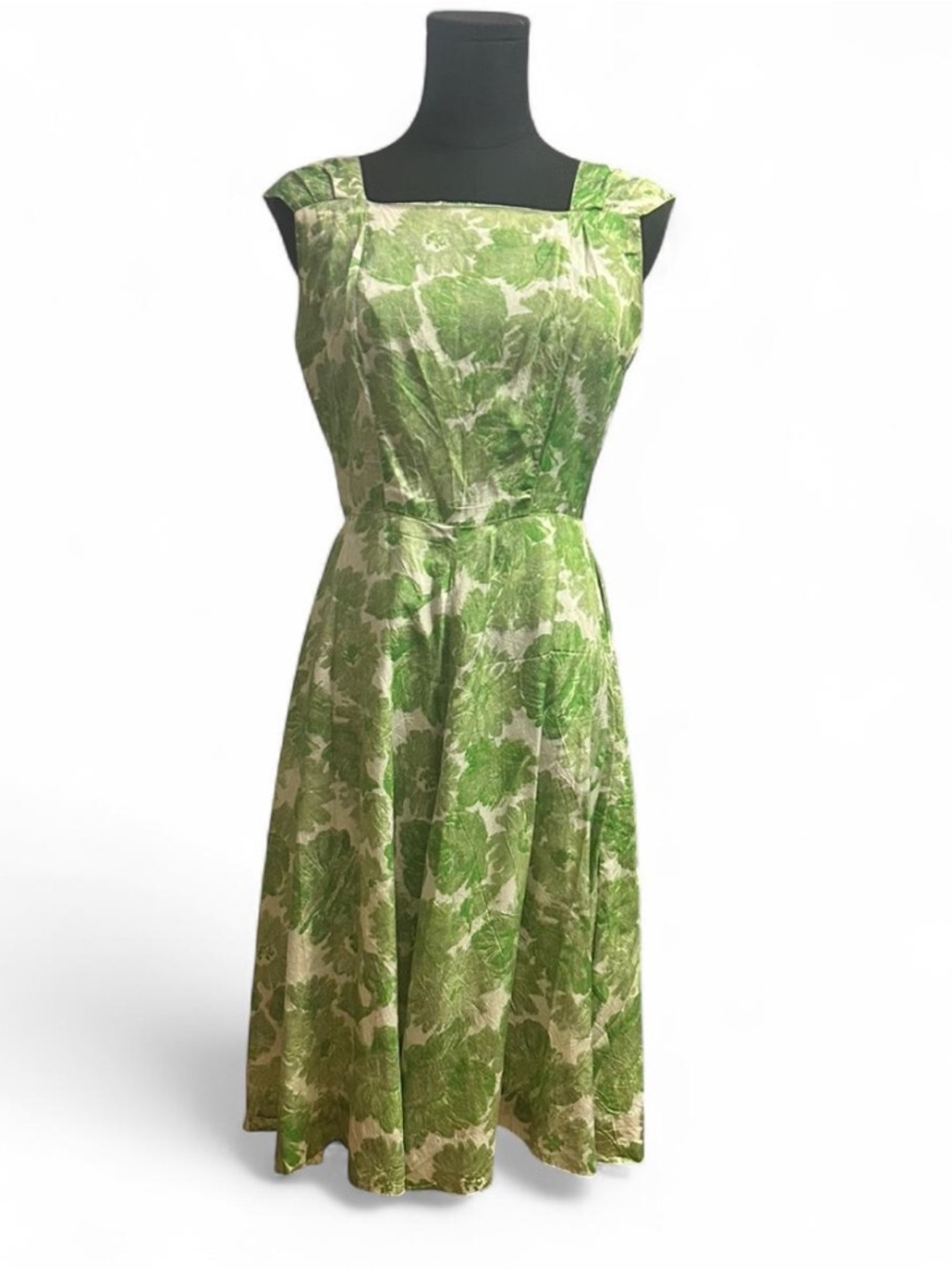 Raw Silk Vintage Green Floral Fit-and-Flare Dress